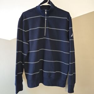 Nautica Men's Quarter Zip Mock Neck Striped Navy White Sweater Size Medium